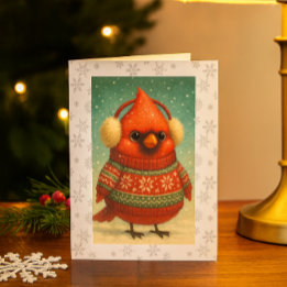 Whimsical Cardinal in Earmuffs Christmas Card