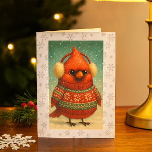 Whimsical Cardinal in Earmuffs Christmas  Card