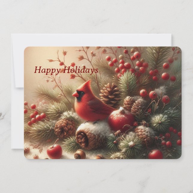 Whimsical Cardinal & Winter Berries Holiday Card (Front)