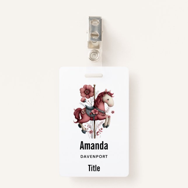 Whimsical Carousel Horse Image ID Badge (Front with Clip)