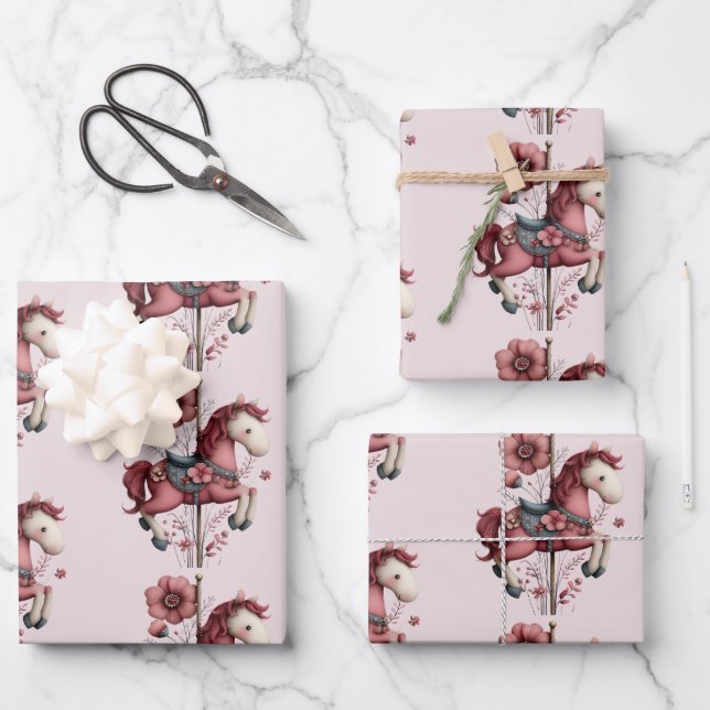 Whimsical Carousel Horse Image Pattern Wrapping Paper Sheet (Front)