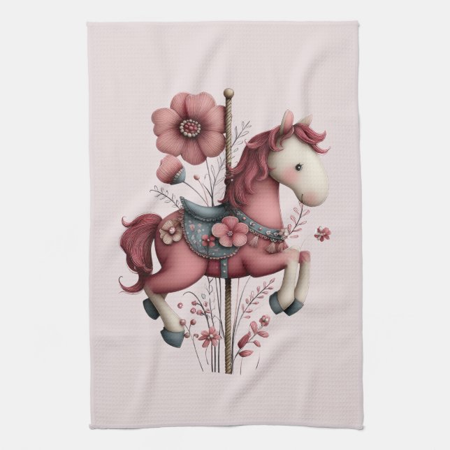 Whimsical Carousel Horse Image Tea Towel (Vertical)