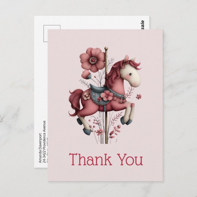 Whimsical Carousel Horse Image Thank You Postcard (Front/Back)
