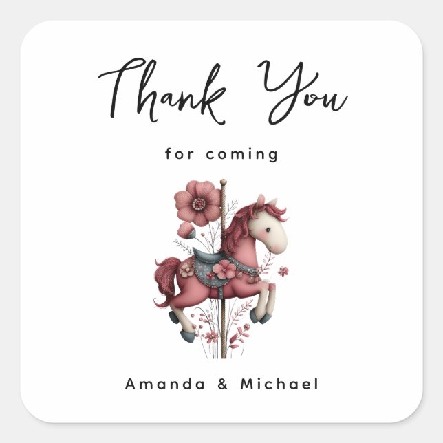 Whimsical Carousel Horse Image Thank You Square Sticker (Front)
