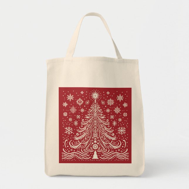 Whimsical Carryall: Folk Art Christmas Tree Tote B Bag (Front)