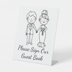 Whimsical Cartoon Bride Groom Wedding Guest Book Pedestal Sign