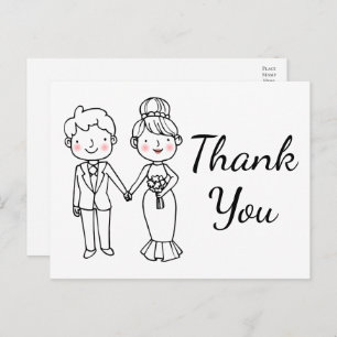 Whimsical Cartoon Bride Groom Wedding Thank You Postcard