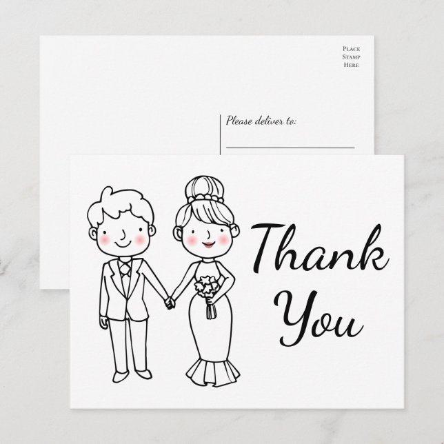 Whimsical Cartoon Bride Groom Wedding Thank You Postcard (Front/Back)