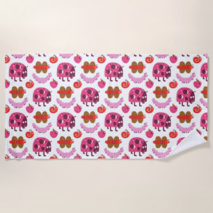 Whimsical Cartoon Bugs And Fruits Pattern Beach Towel