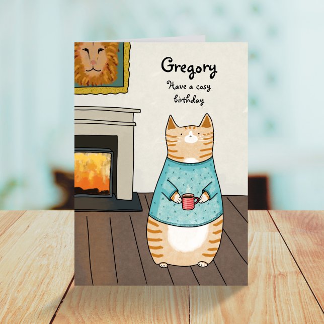Whimsical Cartoon Cat Cosy Winter Birthday  Card (Creator Uploaded)