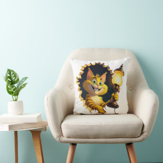 Whimsical Cartoon Cat Holding a Lamp Through a Wal Cushion