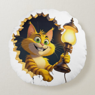 Whimsical Cartoon Cat Holding a Lamp Through a Wal Round Cushion