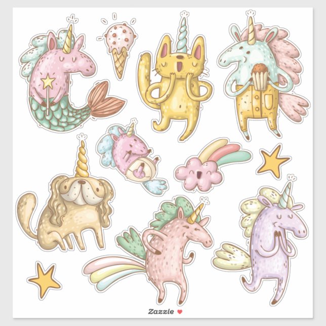 Whimsical Cartoon Doodle Unicorns Illustrations (Sheet)