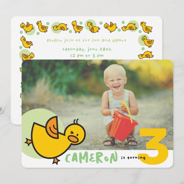Whimsical Cartoon Ducks Green Girl Photo Birthday Invitation (Front/Back)