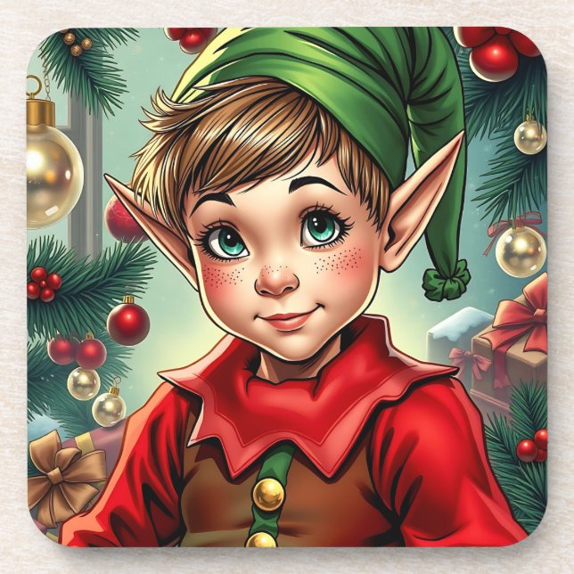 Whimsical Cartoon Elf | Christmas Coaster (Front)