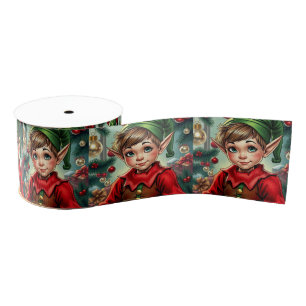 Whimsical Cartoon Elf Christmas Grosgrain Ribbon