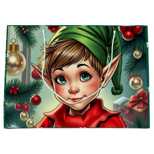 Whimsical Cartoon Elf   Christmas Large Gift Bag