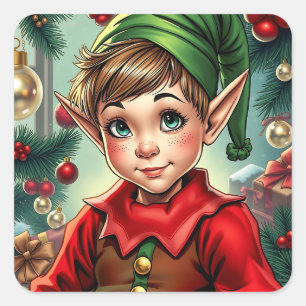 Whimsical Cartoon Elf Christmas Square Sticker