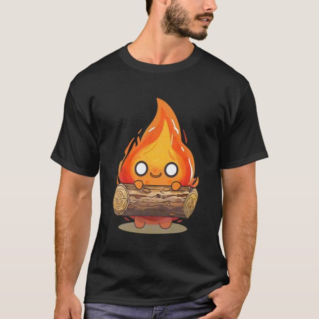 Whimsical Cartoon Flame Holding Log T-Shirt (Front)