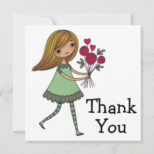 Whimsical Cartoon Girl With A Bunch Of Roses Thank You Card