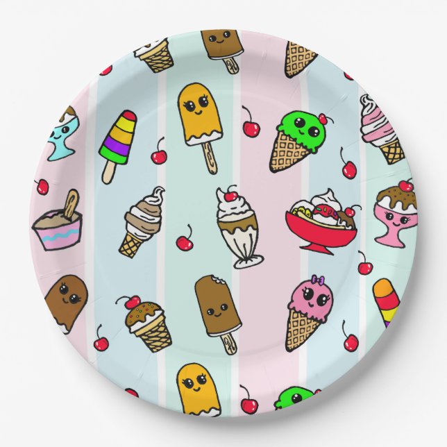 Whimsical Cartoon Ice Cream Girl's Birthday Party Paper Plate (Front)