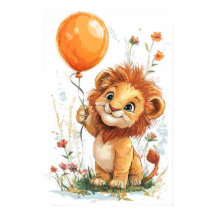 Whimsical Cartoon Lion Cub Holding Balloon Digital