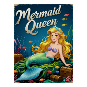 Whimsical Cartoon Mermaid Playful Underwater Poster
