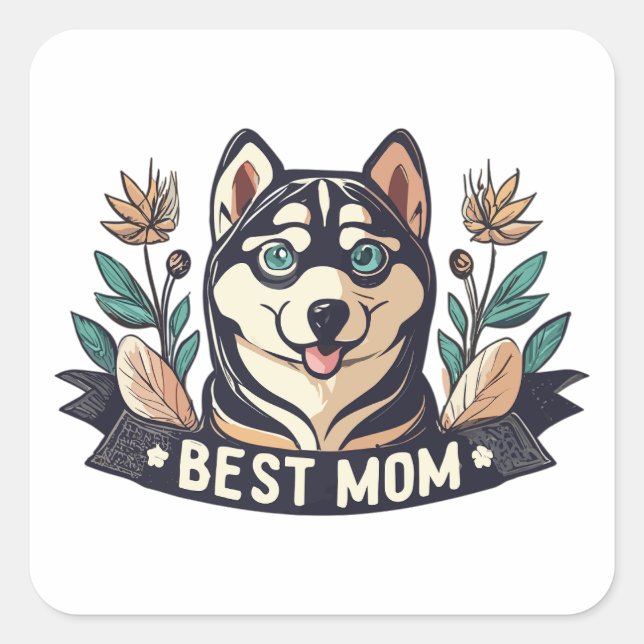 Whimsical Cartoon Siberian Husky Dog Mum Square Sticker (Front)