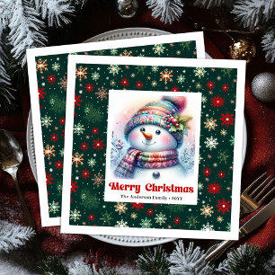 Whimsical cartoon snowman with snowflakes kids  napkin