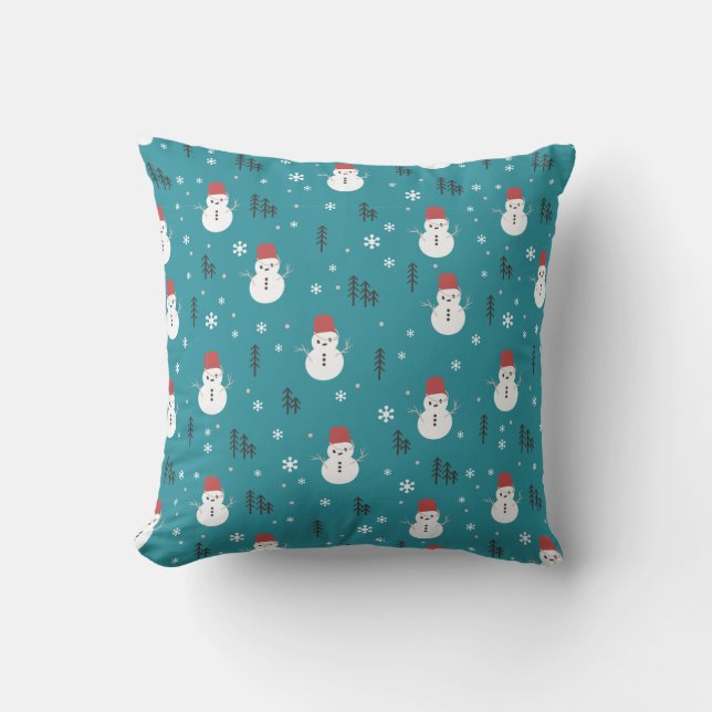 Whimsical Cartoon Snowmen in Winter Cushion (Front)