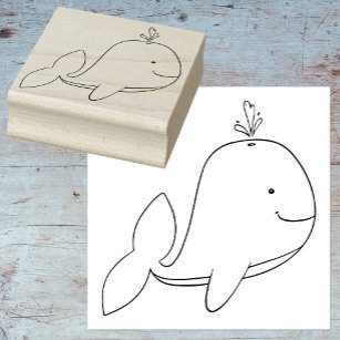 Whimsical Cartoon Whale Outline Rubber Art Stamp
