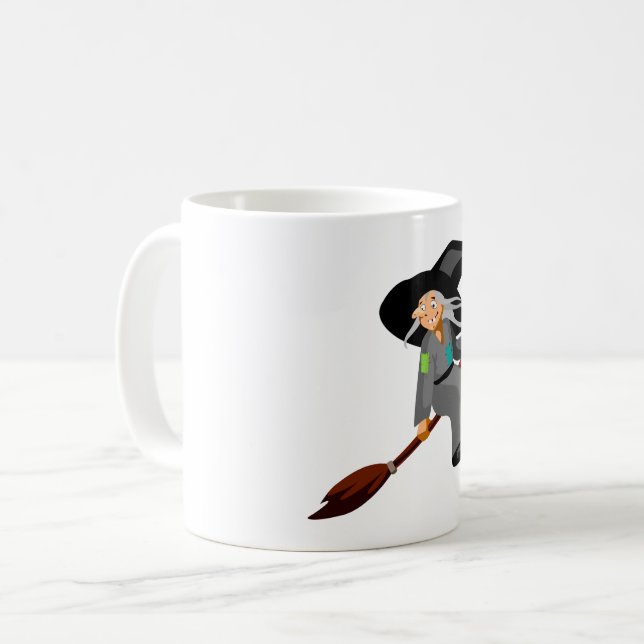 Whimsical Cartoon Witch Flying on Broomstick Coffee Mug (Front Left)