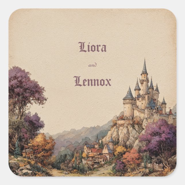 Whimsical Castle Crest Wedding Square Sticker (Front)
