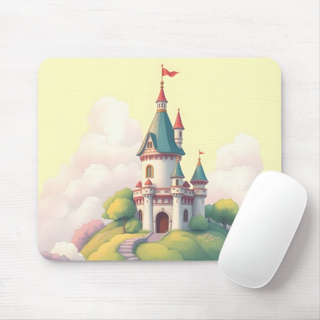 Whimsical castle with green garden mouse mat (With Mouse)