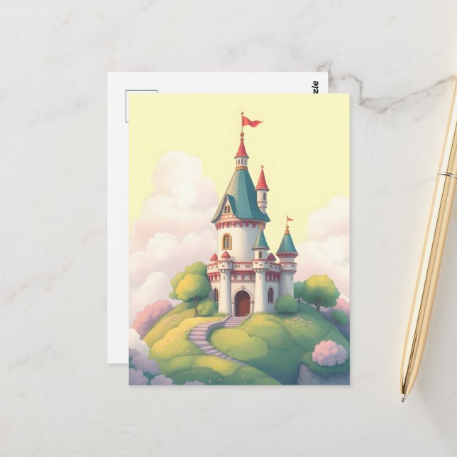 Whimsical castle with green garden postcard (Front/Back In Situ)