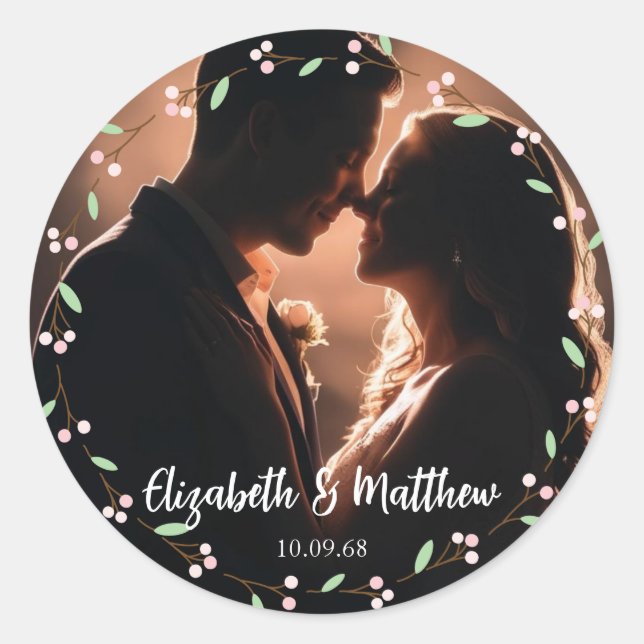 whimsical casual overlay photo romantic wedding classic round sticker (Front)