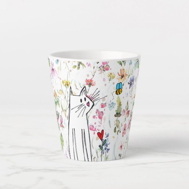 Whimsical Cat and Bee Latte Mug (Front)