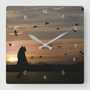 Whimsical Cat and Birds Square Wall Clock