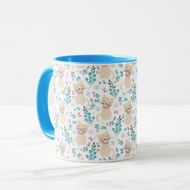 Whimsical Cat and Butterfly Line Art Mug (Front Left)