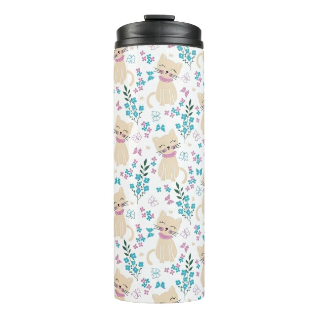 Whimsical Cat and Butterfly Line Art Thermal Tumbler (Front)
