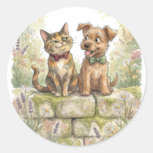 Whimsical Cat and Dog Garden Art Tortoiseshel Cat Classic Round Sticker