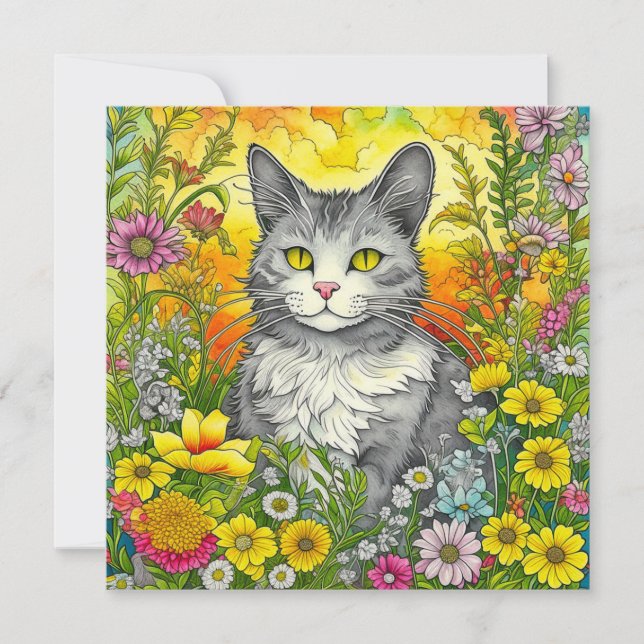 Whimsical Cat and Flowers  (Front)