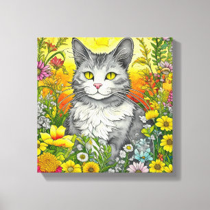 Whimsical Cat and Flowers Canvas Print