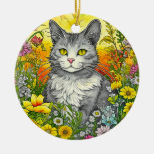 Whimsical Cat and Flowers Ceramic Tree Decoration