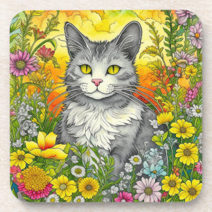 Whimsical Cat and Flowers Coaster