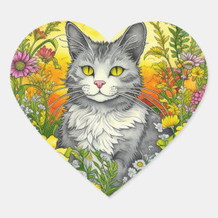 Whimsical Cat and Flowers Heart Sticker