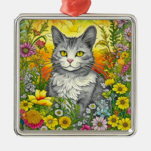 Whimsical Cat and Flowers Metal Tree Decoration