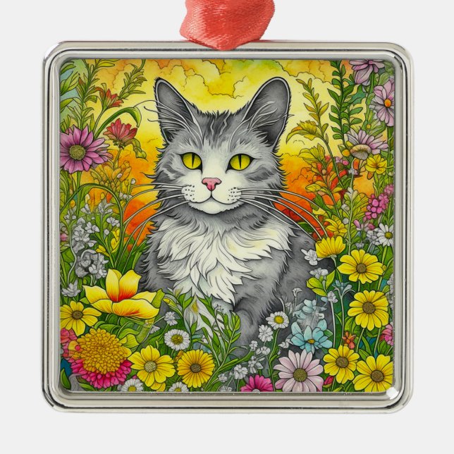 Whimsical Cat and Flowers Metal Tree Decoration (Front)