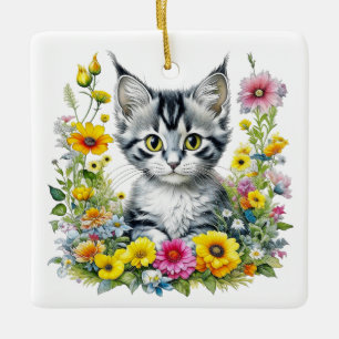 Whimsical Cat and Flowers Personalised Christmas Ceramic Ornament