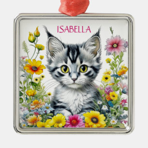 Whimsical Cat and Flowers Personalised Christmas Metal Tree Decoration